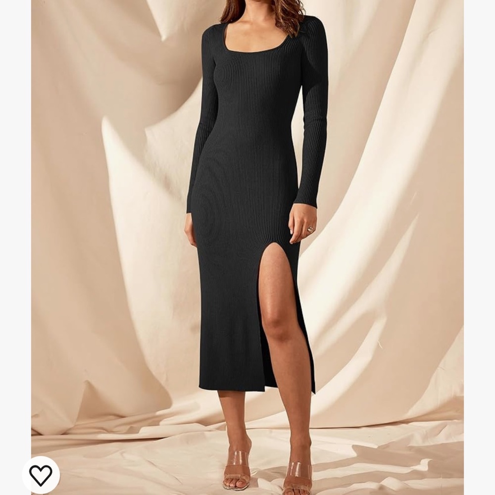 Black Longe Sleeve Dress Square Neck Slit Midi Dress